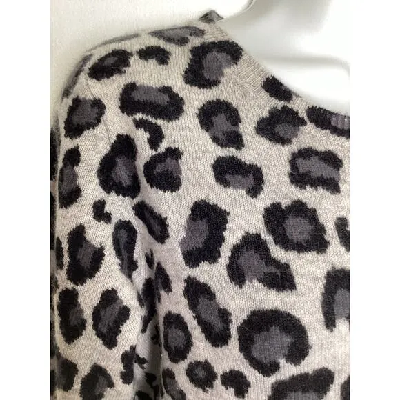 Cynthia Rowley Gray Black Leopard 100% Cashmere Cardigan Sweater L ~ Excellent