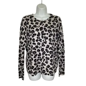 Cynthia Rowley Gray Black Leopard 100% Cashmere Cardigan Sweater L ~ Excellent