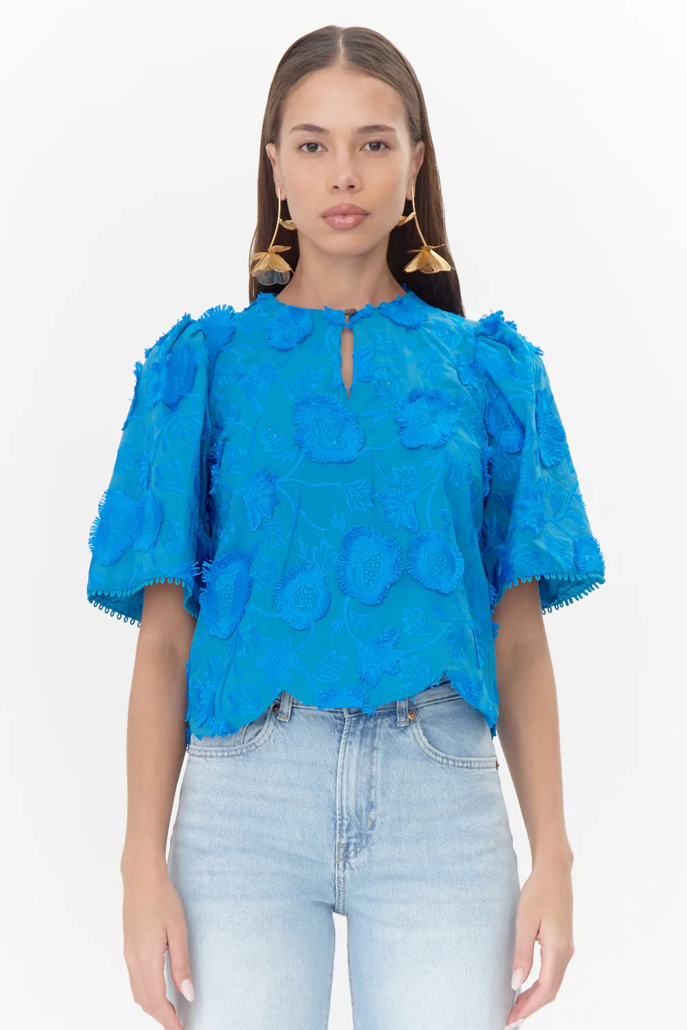 Darby 3D Embroidered Scalloped Hem Blouse