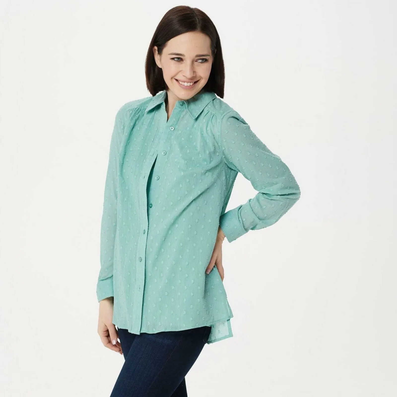 Denim & Co. Women's Solid Clip Dot Button Front Blouse Seafoam Small