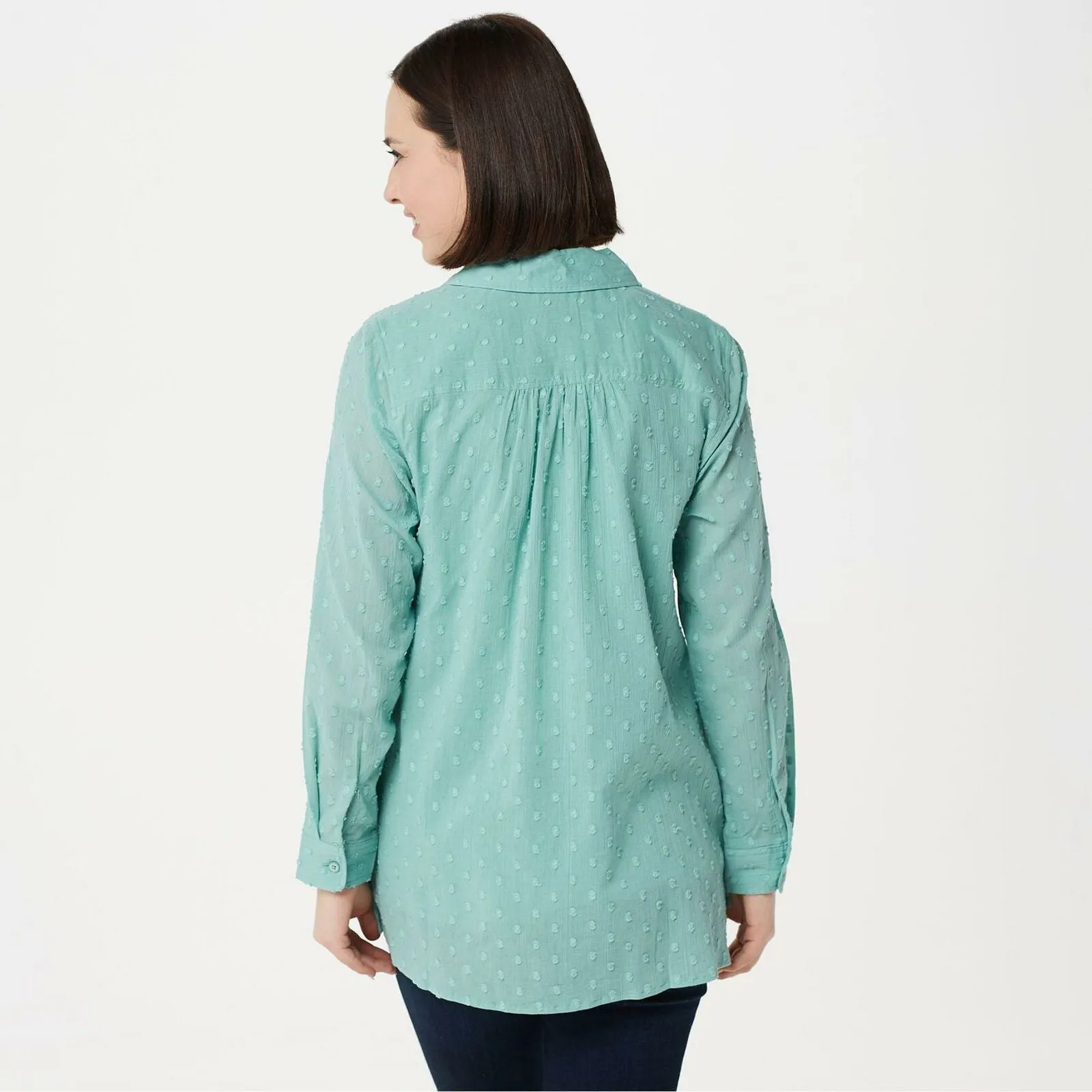 Denim & Co. Women's Solid Clip Dot Button Front Blouse Seafoam Small
