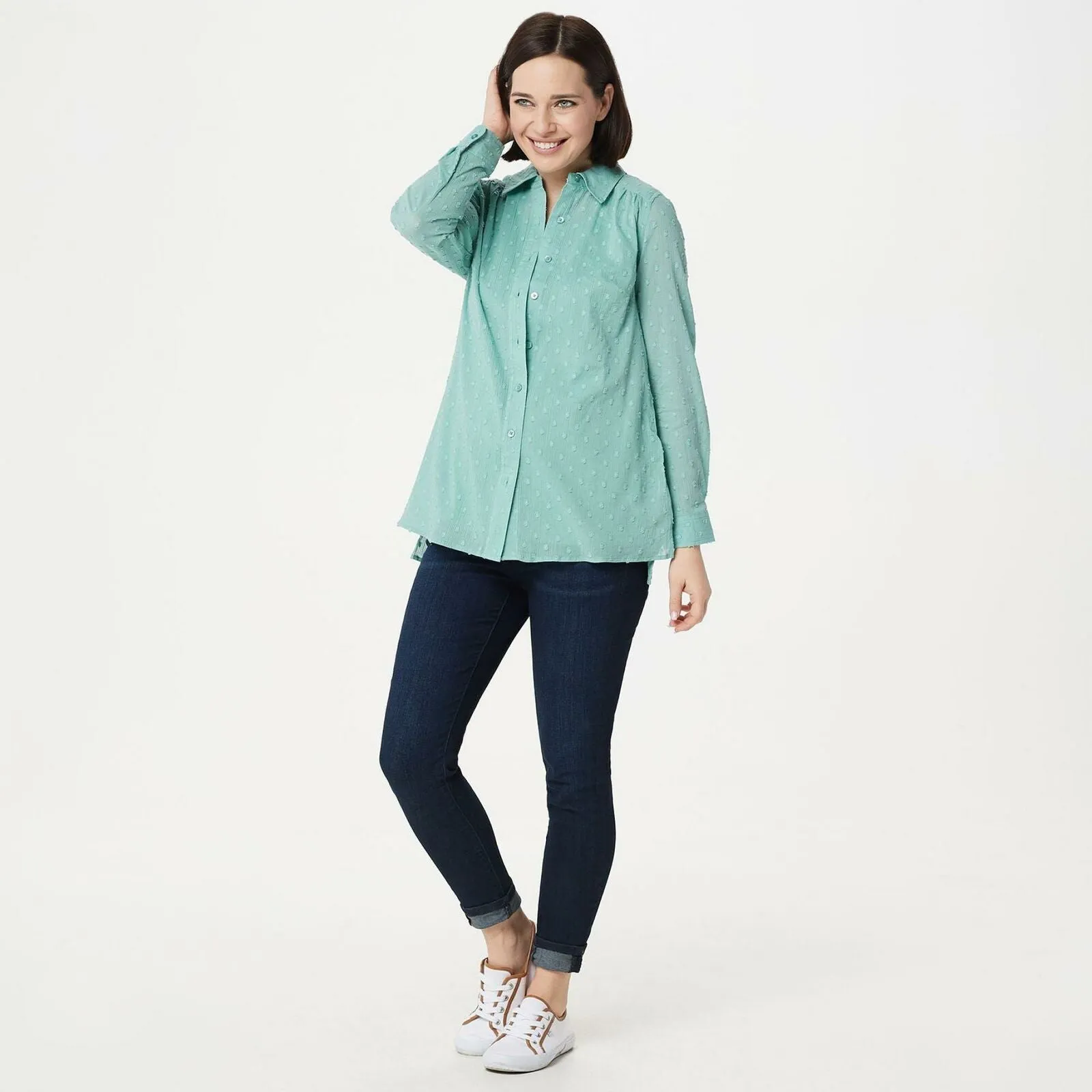 Denim & Co. Women's Solid Clip Dot Button Front Blouse Seafoam Small