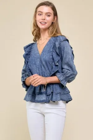Denim Surplice Ruffle Blouse