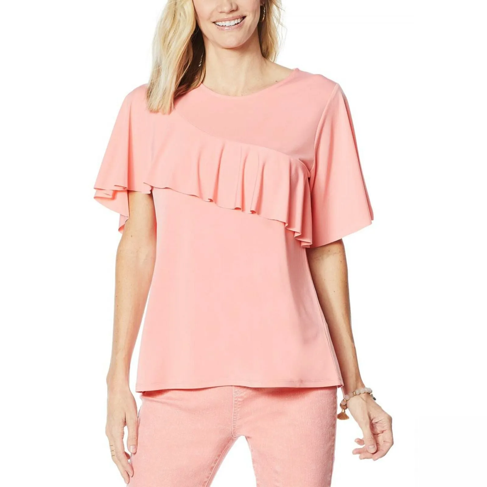 DG2 by Diane Gilman Women's Liquid Jersey Knit Ruffle Top Pink Small