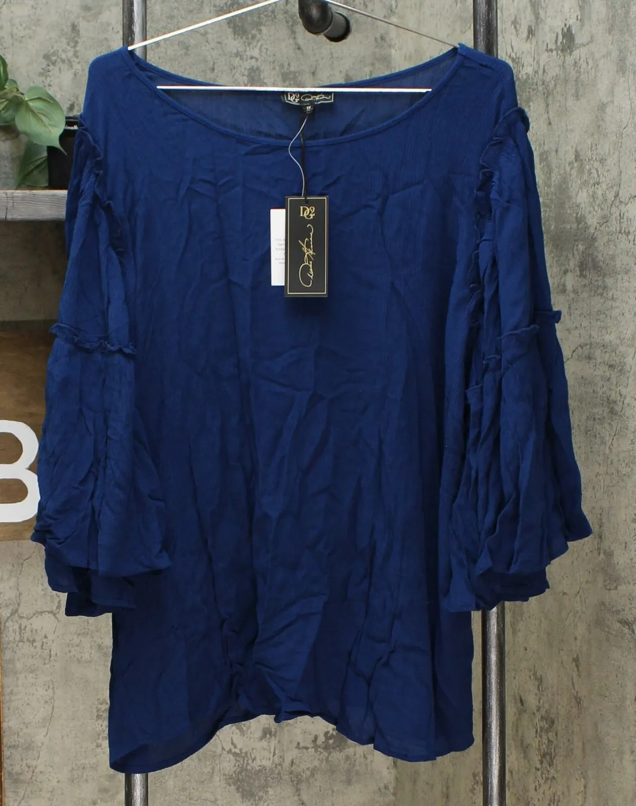 DG2 by Diane Gilman Women's Plus Size Ruffle Sleeve Crinkle Knit Top