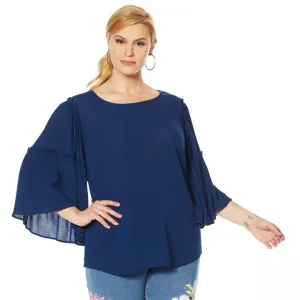 DG2 by Diane Gilman Women's Plus Size Ruffle Sleeve Crinkle Knit Top