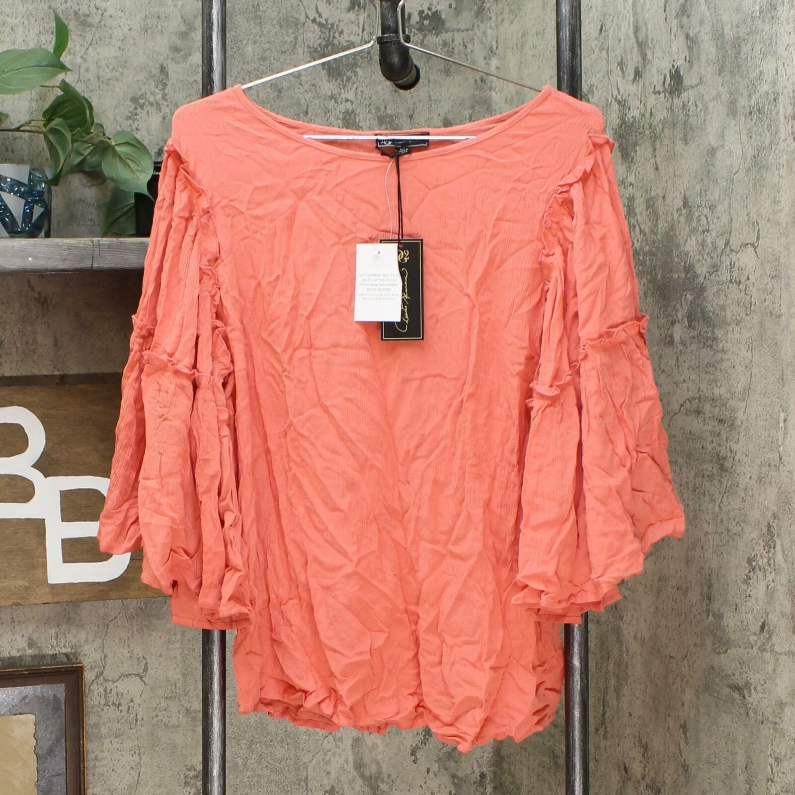 DG2 by Diane Gilman Women's Ruffle Sleeve Crinkle Knit Top
