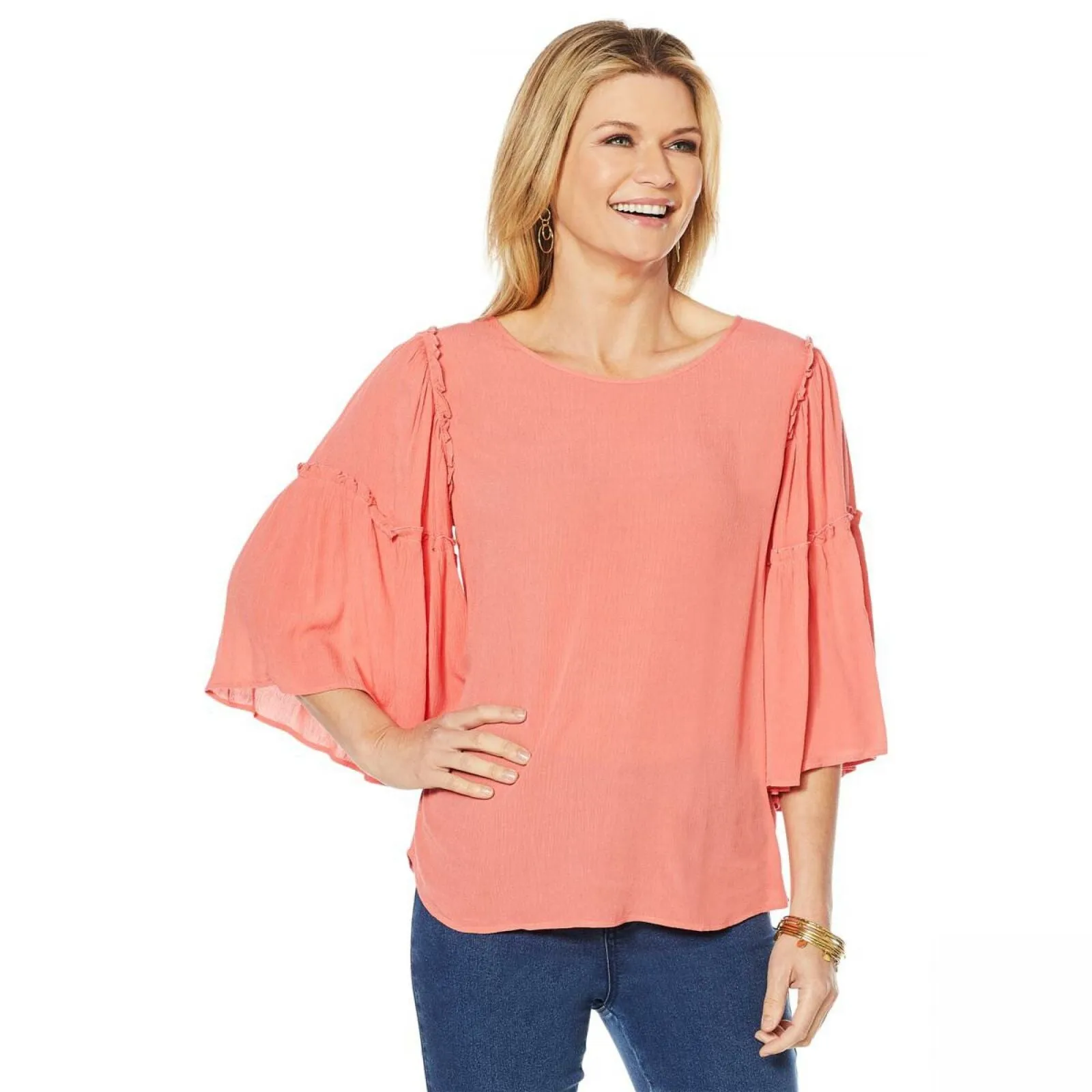 DG2 by Diane Gilman Women's Ruffle Sleeve Crinkle Knit Top