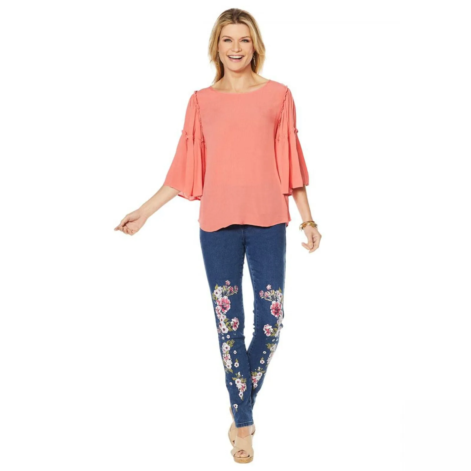 DG2 by Diane Gilman Women's Ruffle Sleeve Crinkle Knit Top