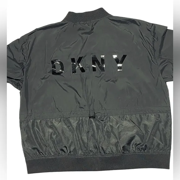 DKNY SPORT ZIP-UP WINDBREAKER JACKET LOGO WOMEN POCKETS BLACK COLOR SIZE LARGE