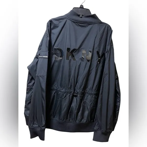 DKNY SPORT ZIP-UP WINDBREAKER JACKET LOGO WOMEN POCKETS BLACK COLOR SIZE LARGE