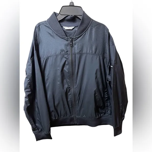 DKNY SPORT ZIP-UP WINDBREAKER JACKET LOGO WOMEN POCKETS BLACK COLOR SIZE LARGE