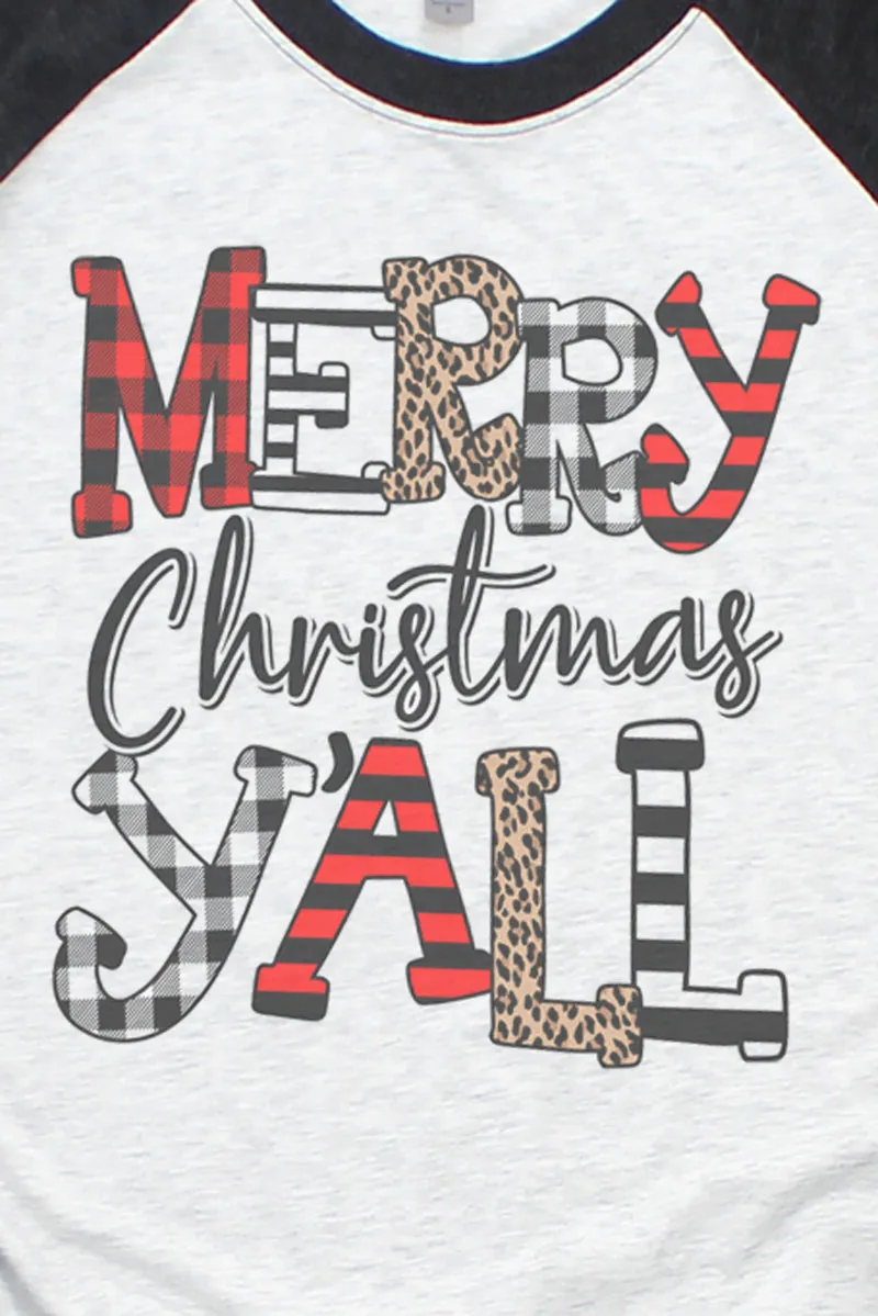 Doodle Merry Christmas Y'all Tri-Blend Unisex 3/4 Raglan