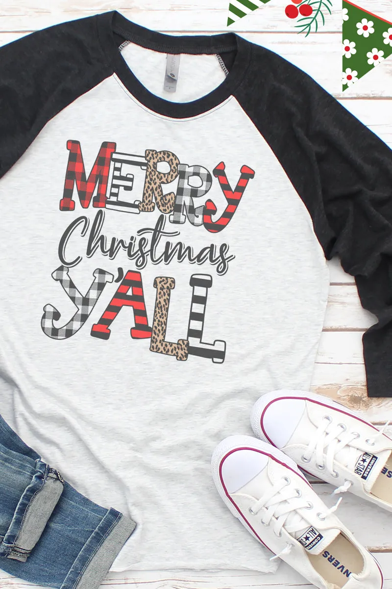 Doodle Merry Christmas Y'all Tri-Blend Unisex 3/4 Raglan
