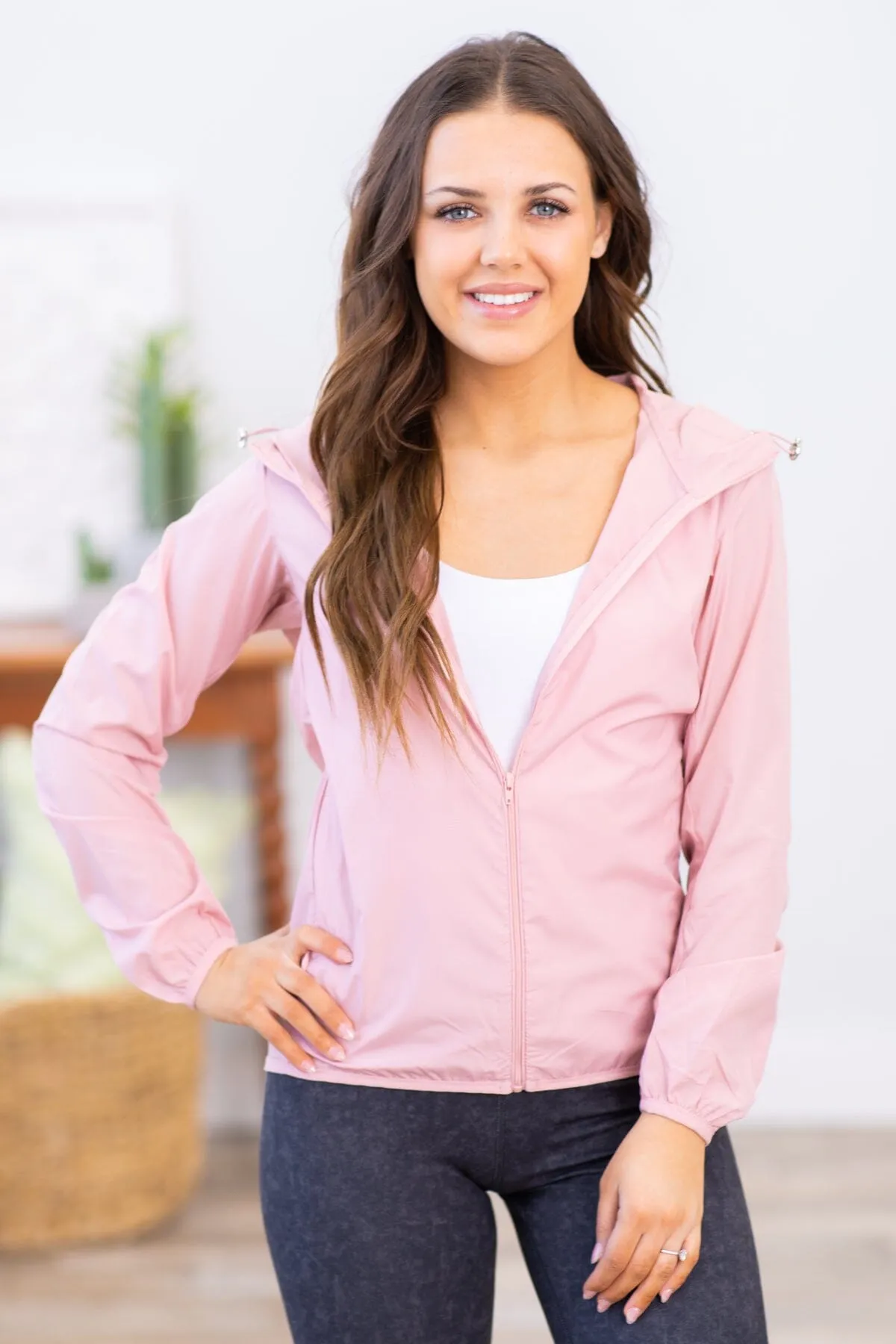 Dusty Rose Hooded Windbreaker Jacket