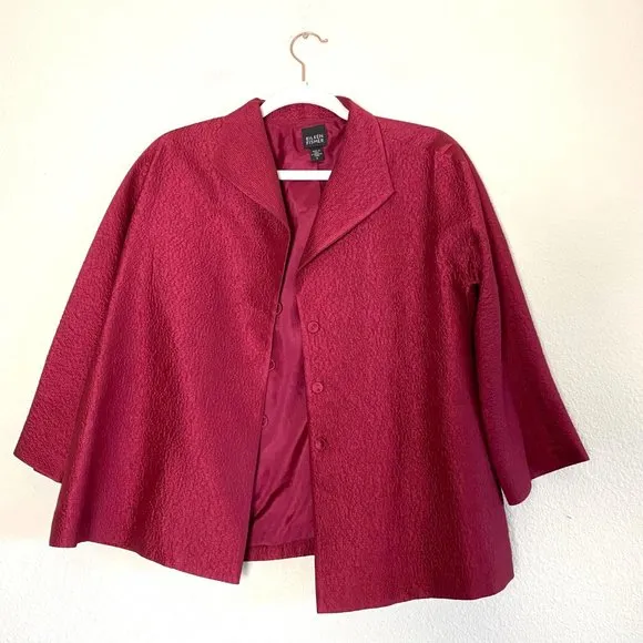 Eileen Fisher Silk Button Down Cardigan Blazer Crinkle Jacket Red