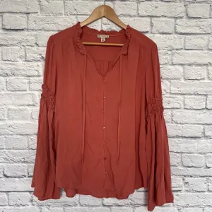 ELIANE ROSE Fairy Style Button Down Blouse Sz XL Bell Sleeves Neck Tie Boho