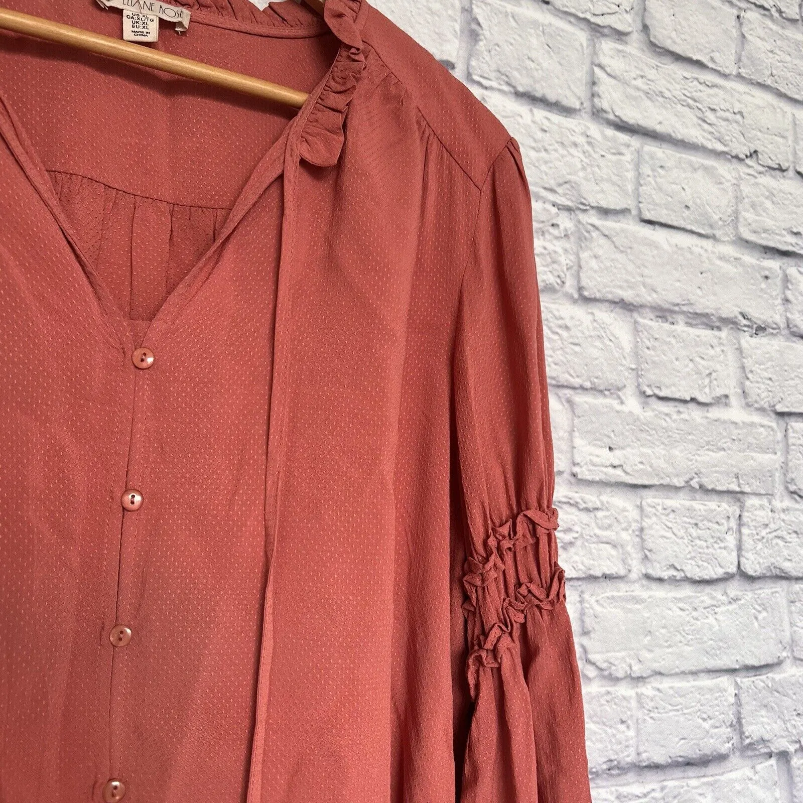 ELIANE ROSE Fairy Style Button Down Blouse Sz XL Bell Sleeves Neck Tie Boho