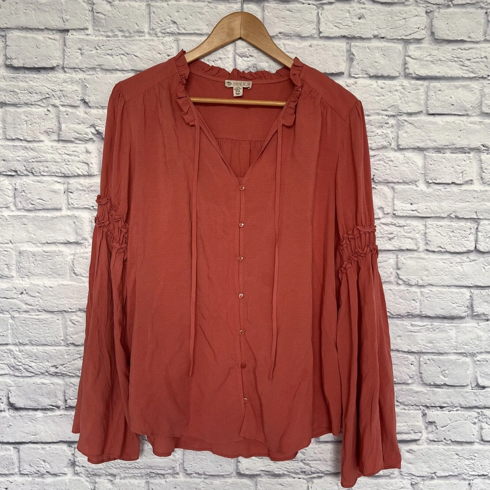 ELIANE ROSE Fairy Style Button Down Blouse Sz XL Bell Sleeves Neck Tie Boho