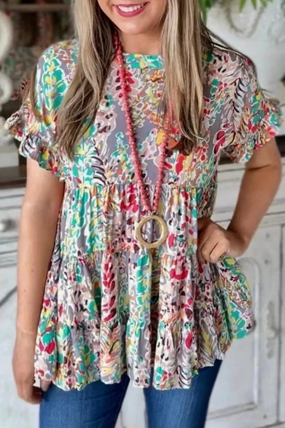 Floral Print Ruffle Sleeve Babydoll Top