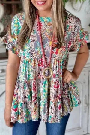 Floral Print Ruffle Sleeve Babydoll Top
