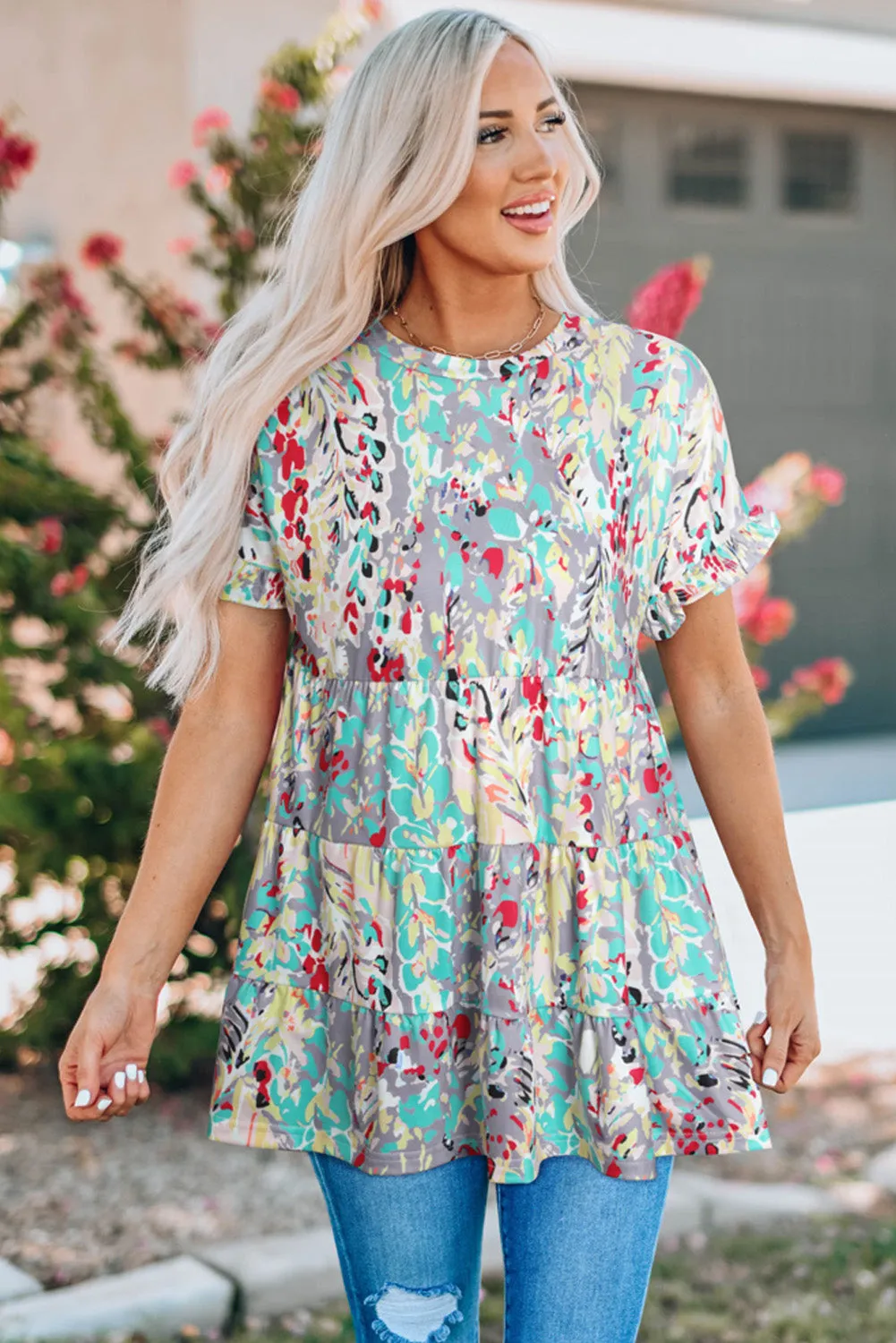 Floral Print Ruffle Sleeve Babydoll Top