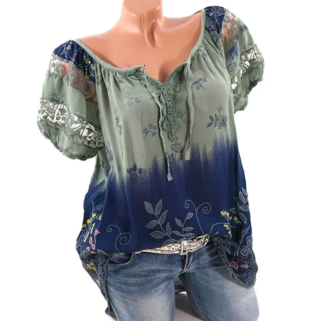 Floral Tie Lace Up Women Blouse