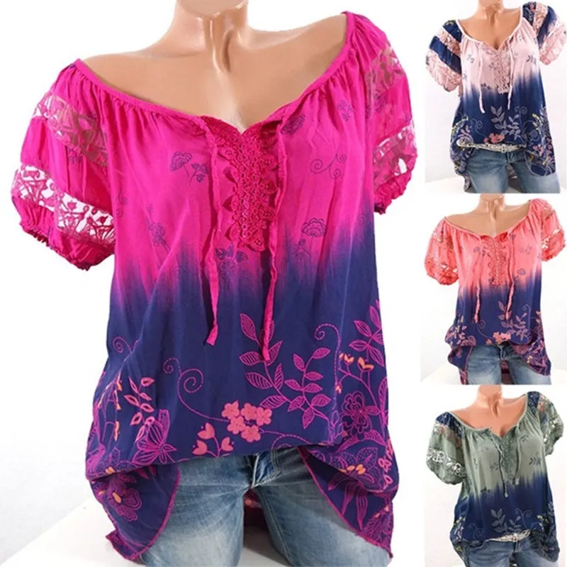 Floral Tie Lace Up Women Blouse