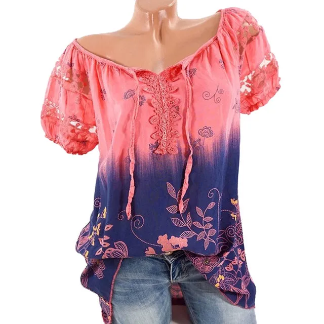 Floral Tie Lace Up Women Blouse