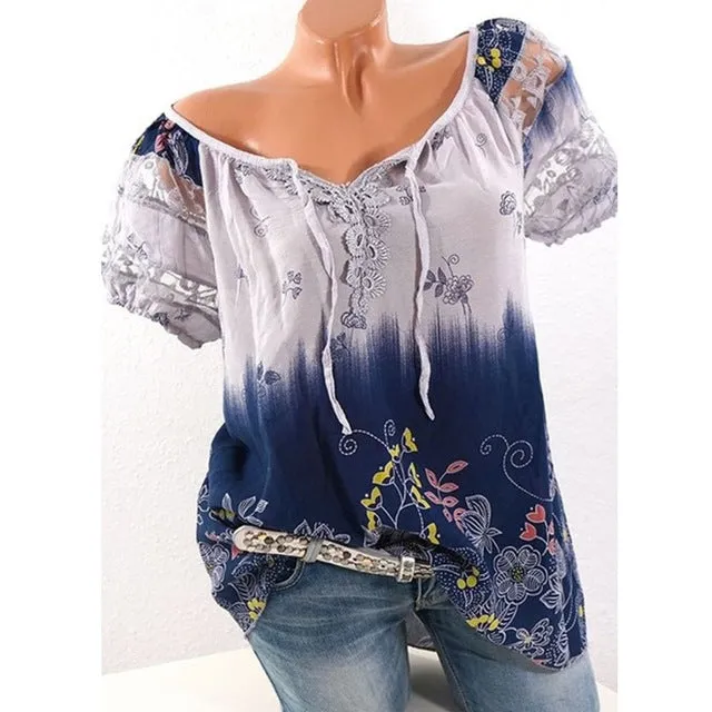 Floral Tie Lace Up Women Blouse