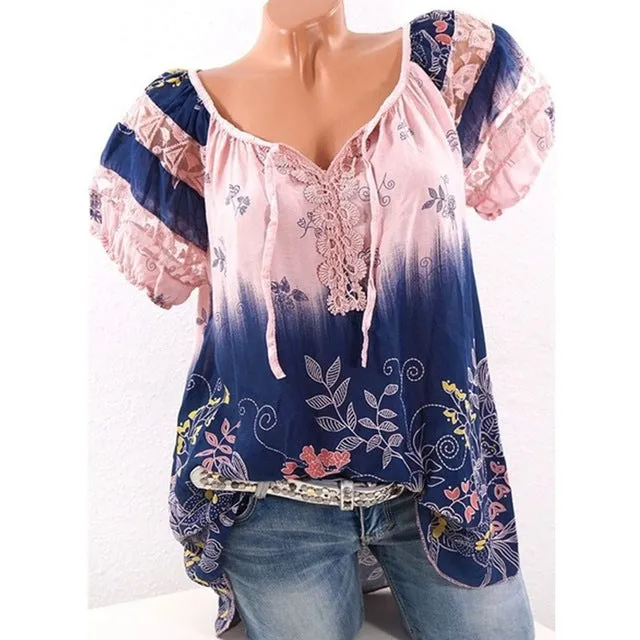 Floral Tie Lace Up Women Blouse