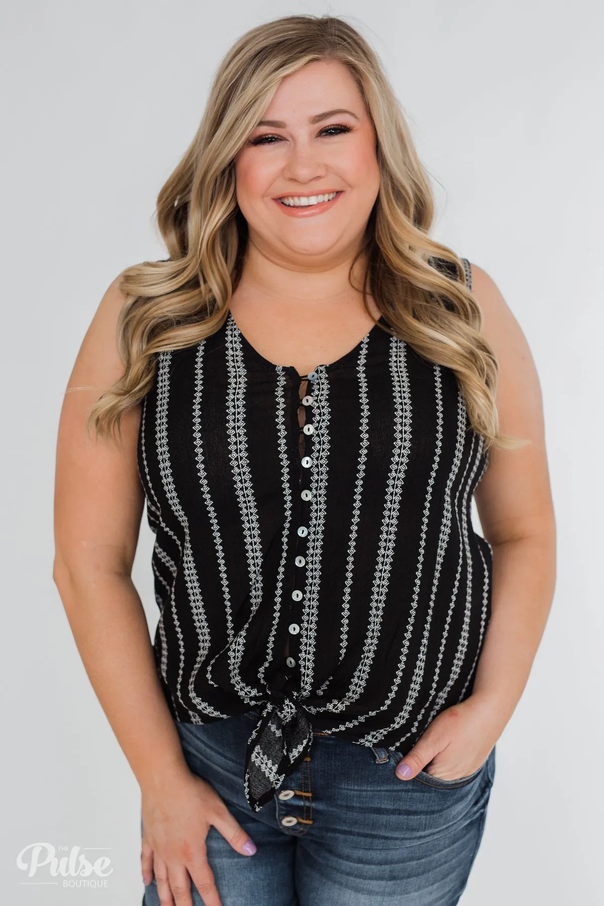 Focus On Me Tie & Button Tank Top- Black