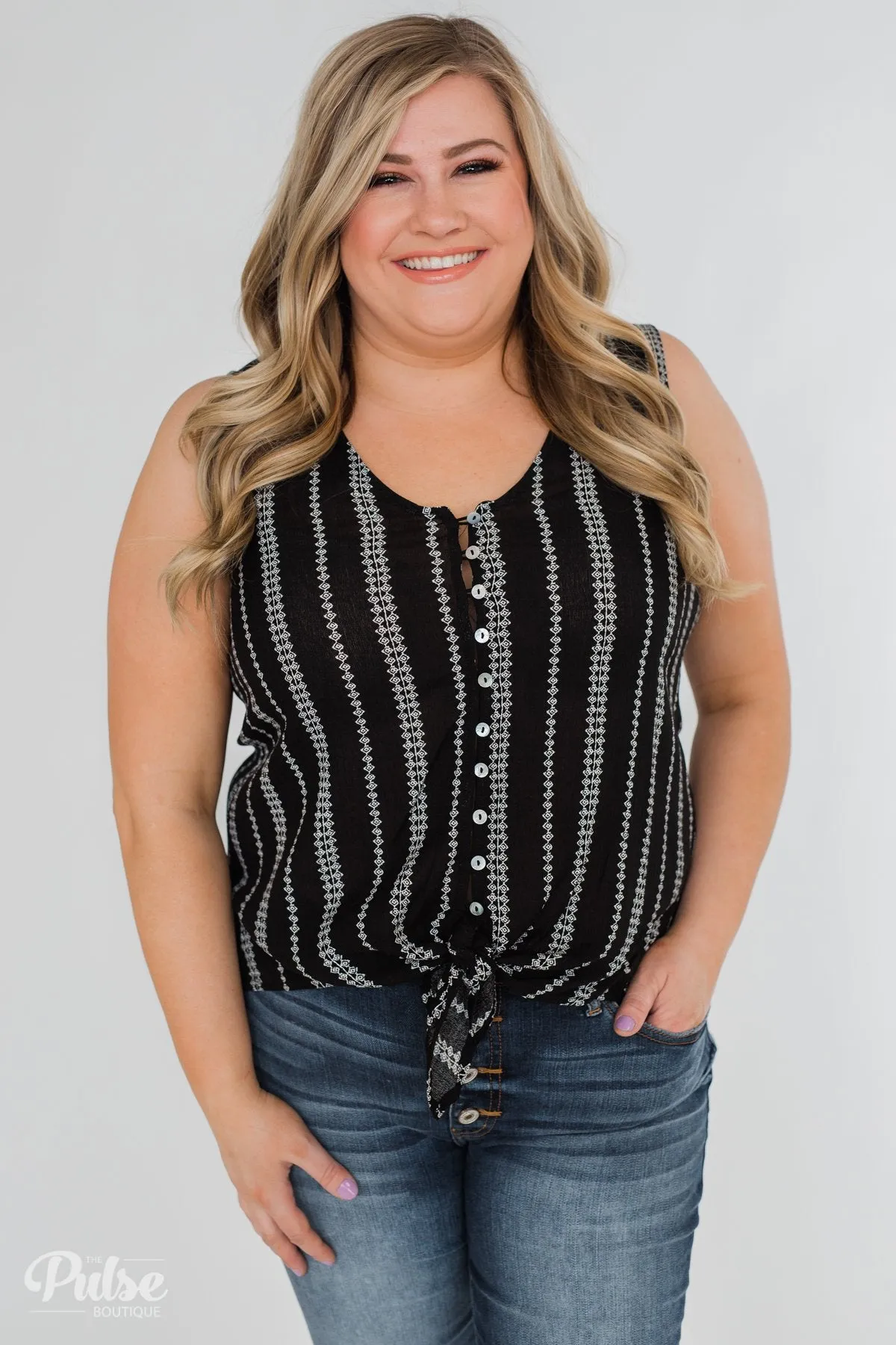 Focus On Me Tie & Button Tank Top- Black