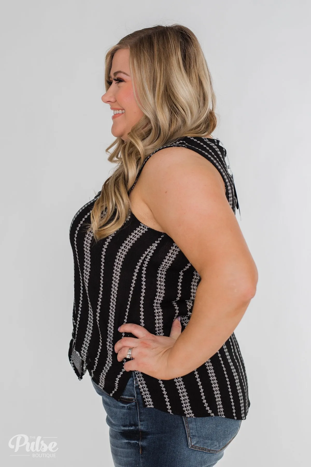 Focus On Me Tie & Button Tank Top- Black