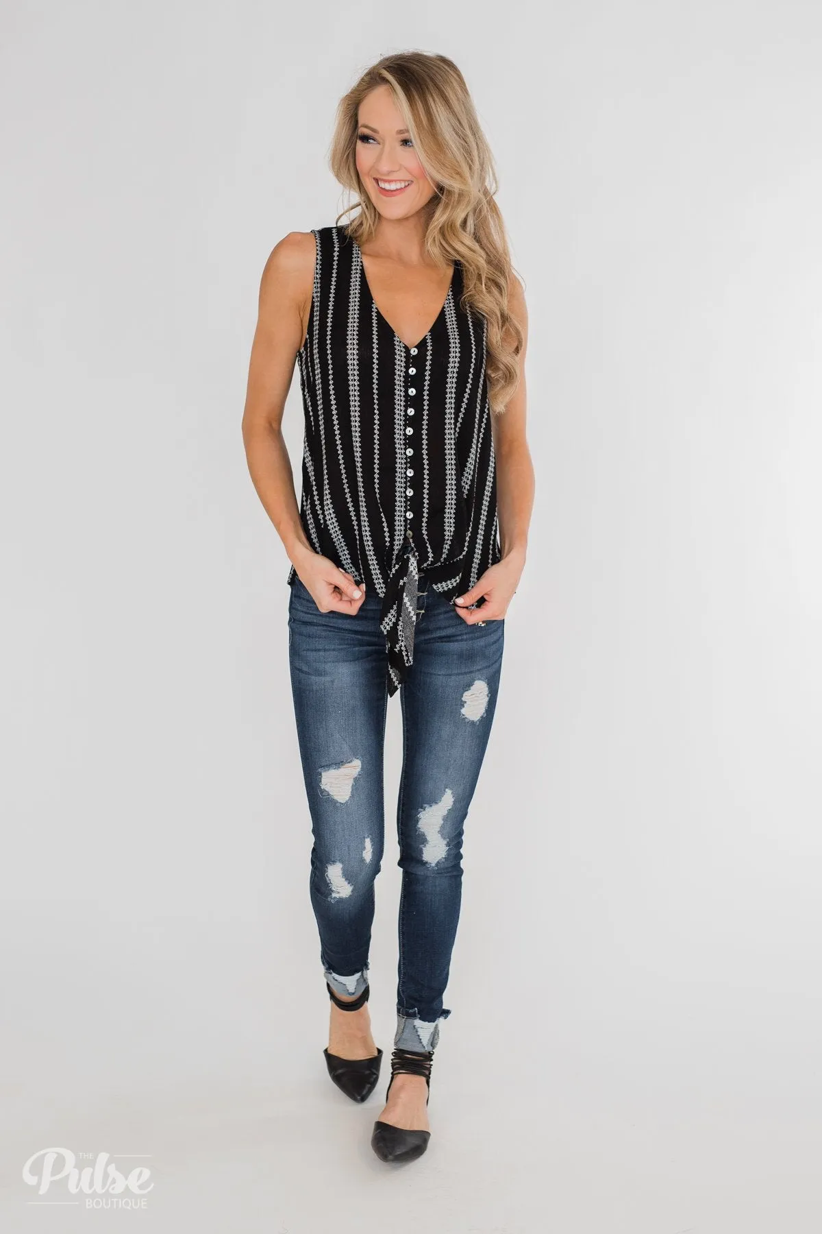 Focus On Me Tie & Button Tank Top- Black