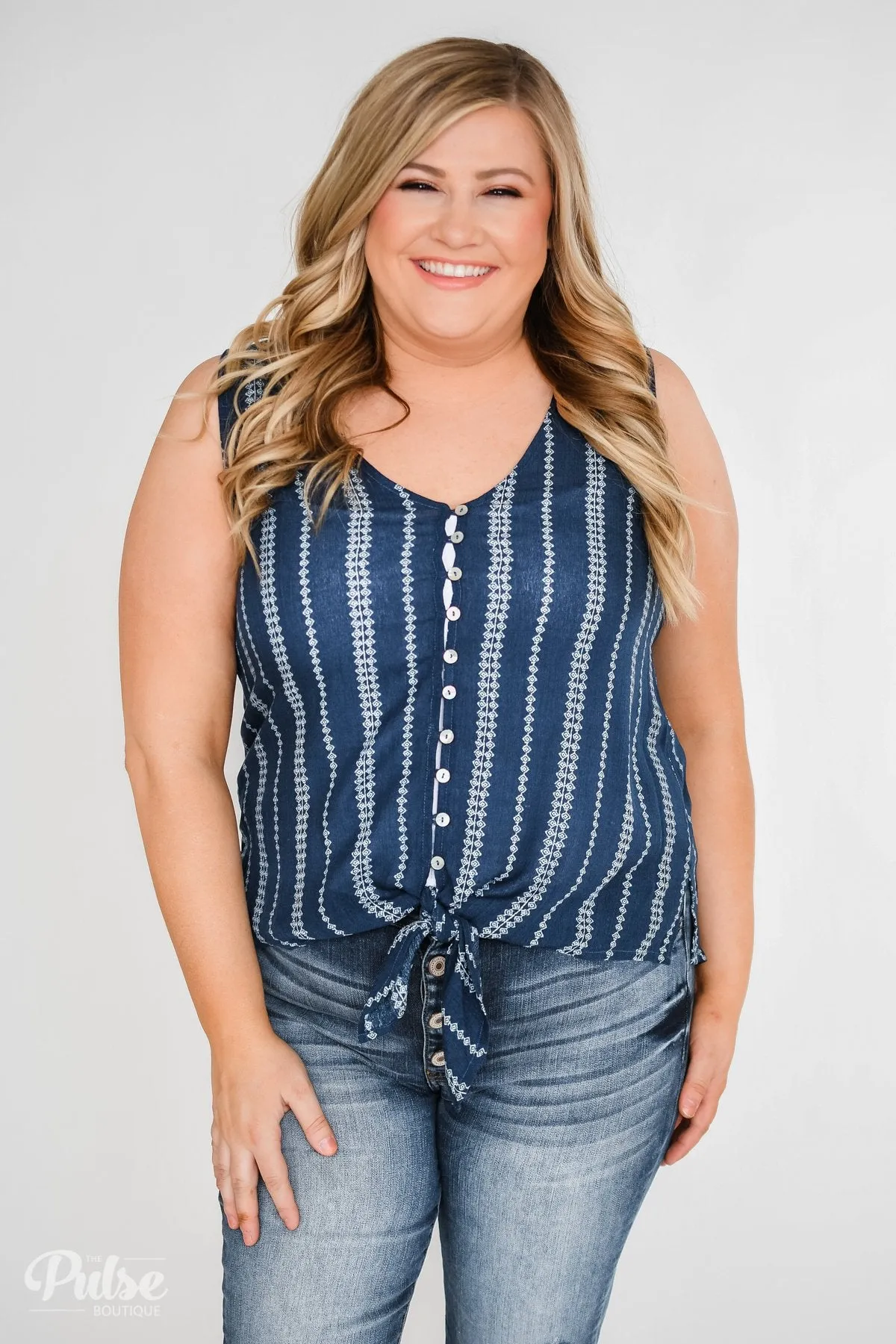 Focus On Me Tie & Button Tank Top- Navy