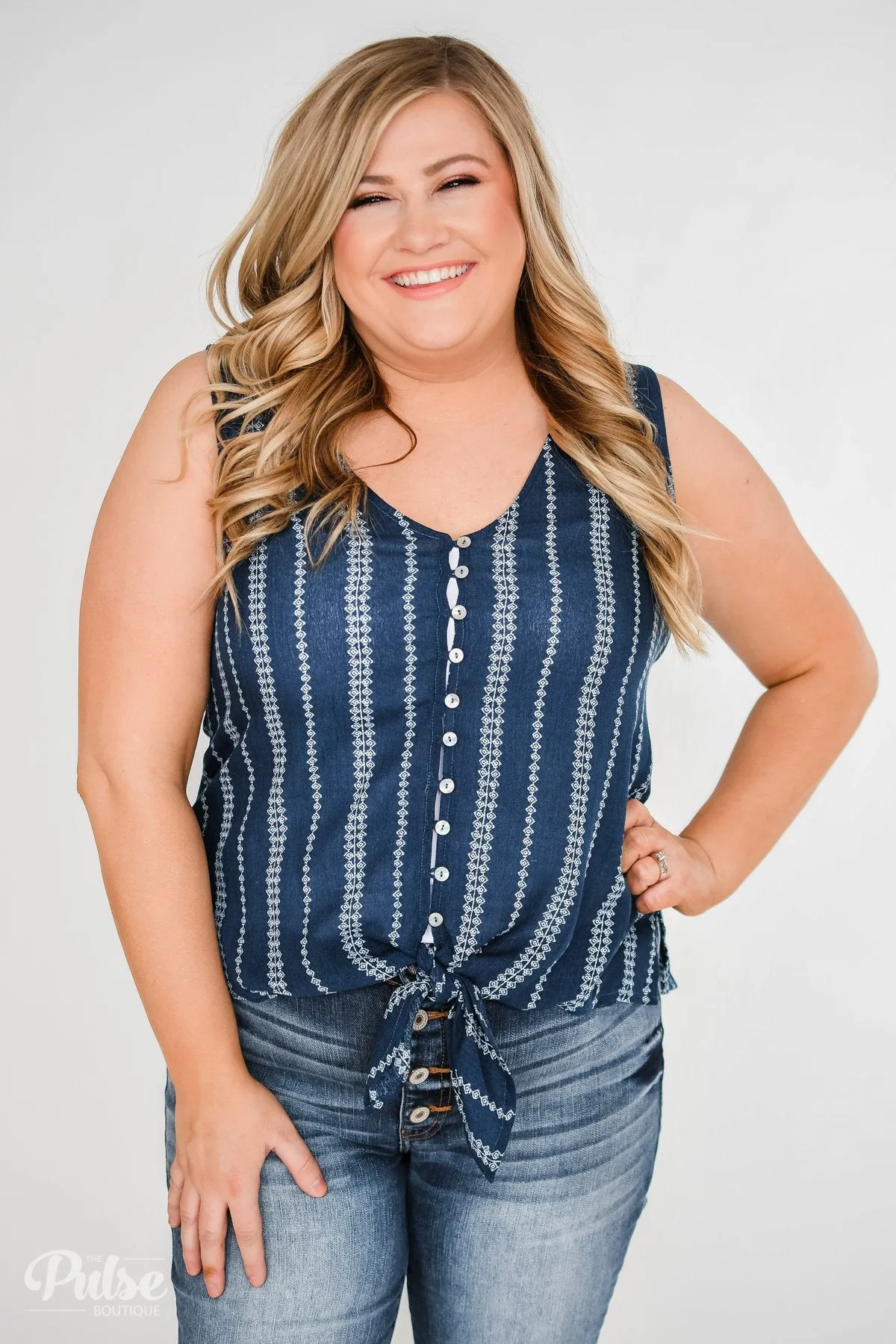 Focus On Me Tie & Button Tank Top- Navy