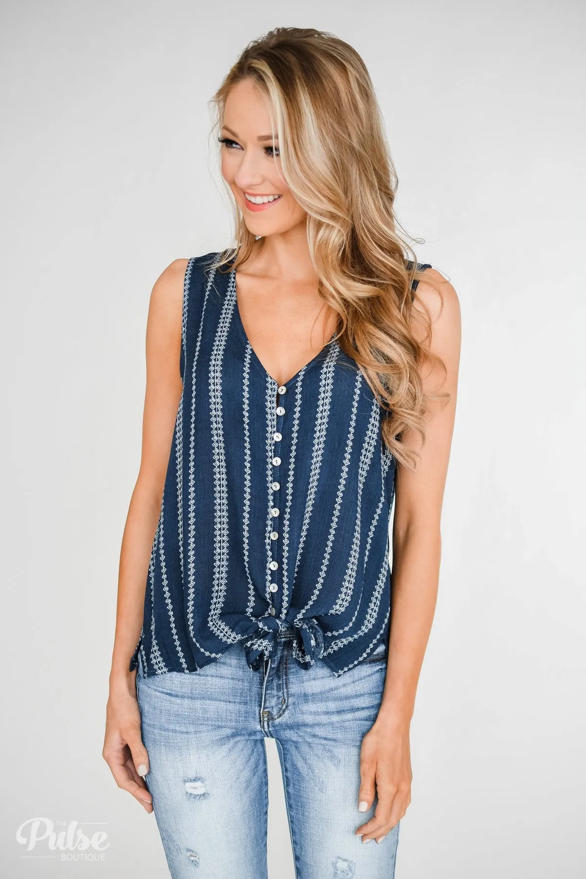 Focus On Me Tie & Button Tank Top- Navy