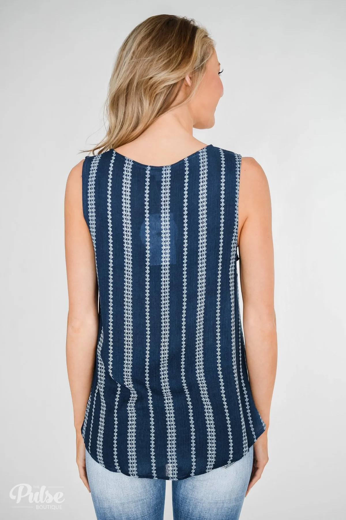 Focus On Me Tie & Button Tank Top- Navy
