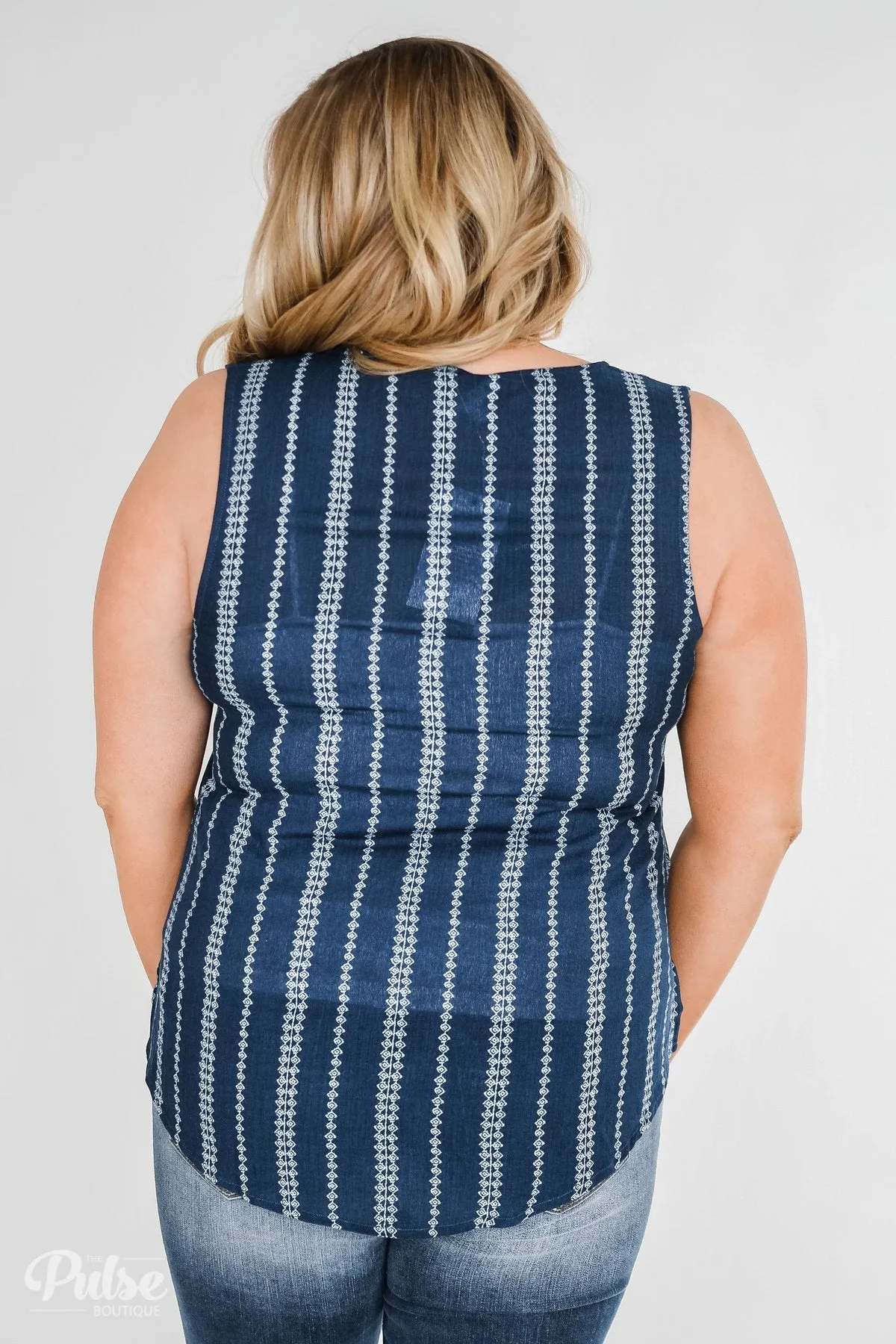Focus On Me Tie & Button Tank Top- Navy