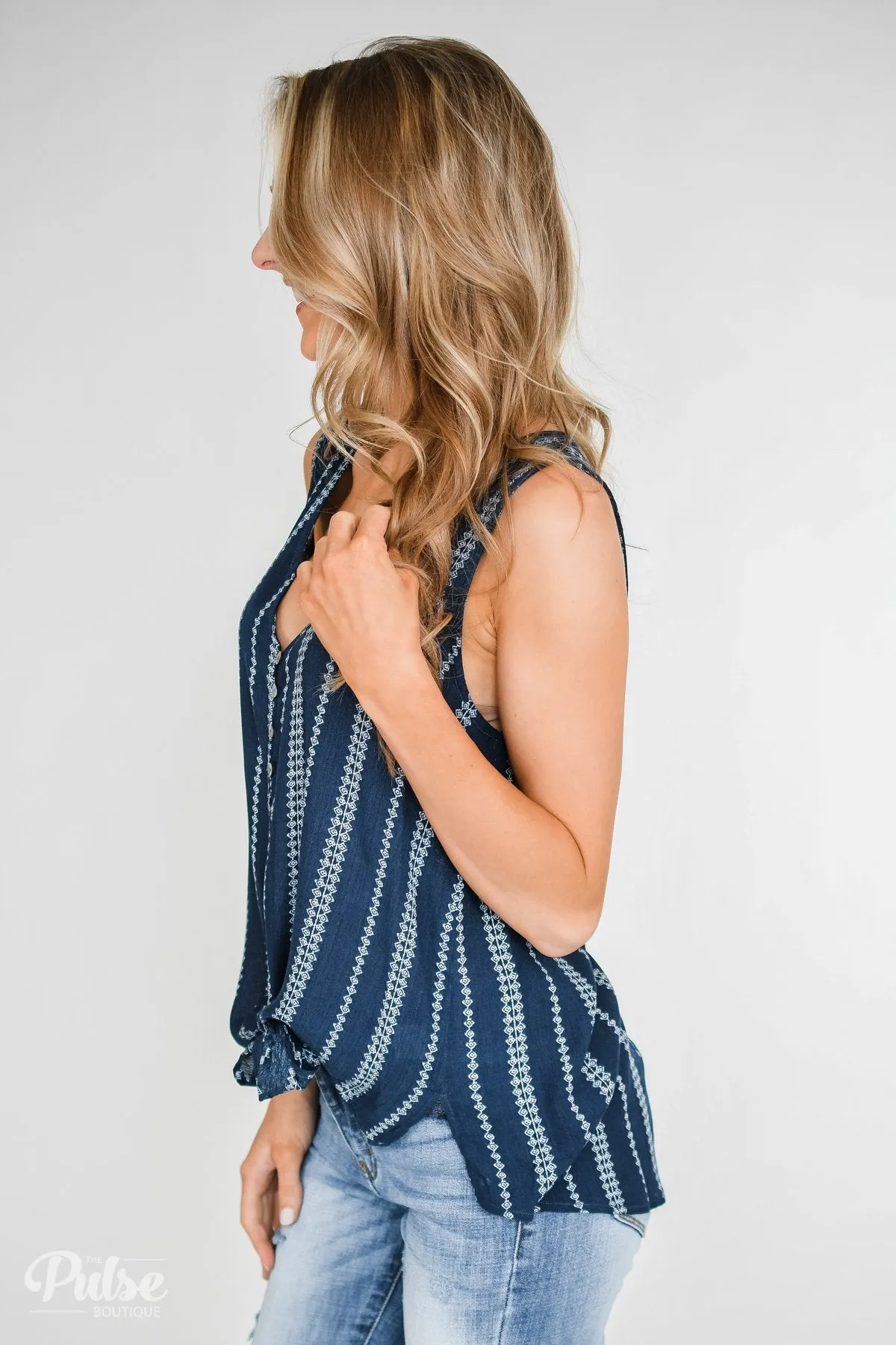 Focus On Me Tie & Button Tank Top- Navy
