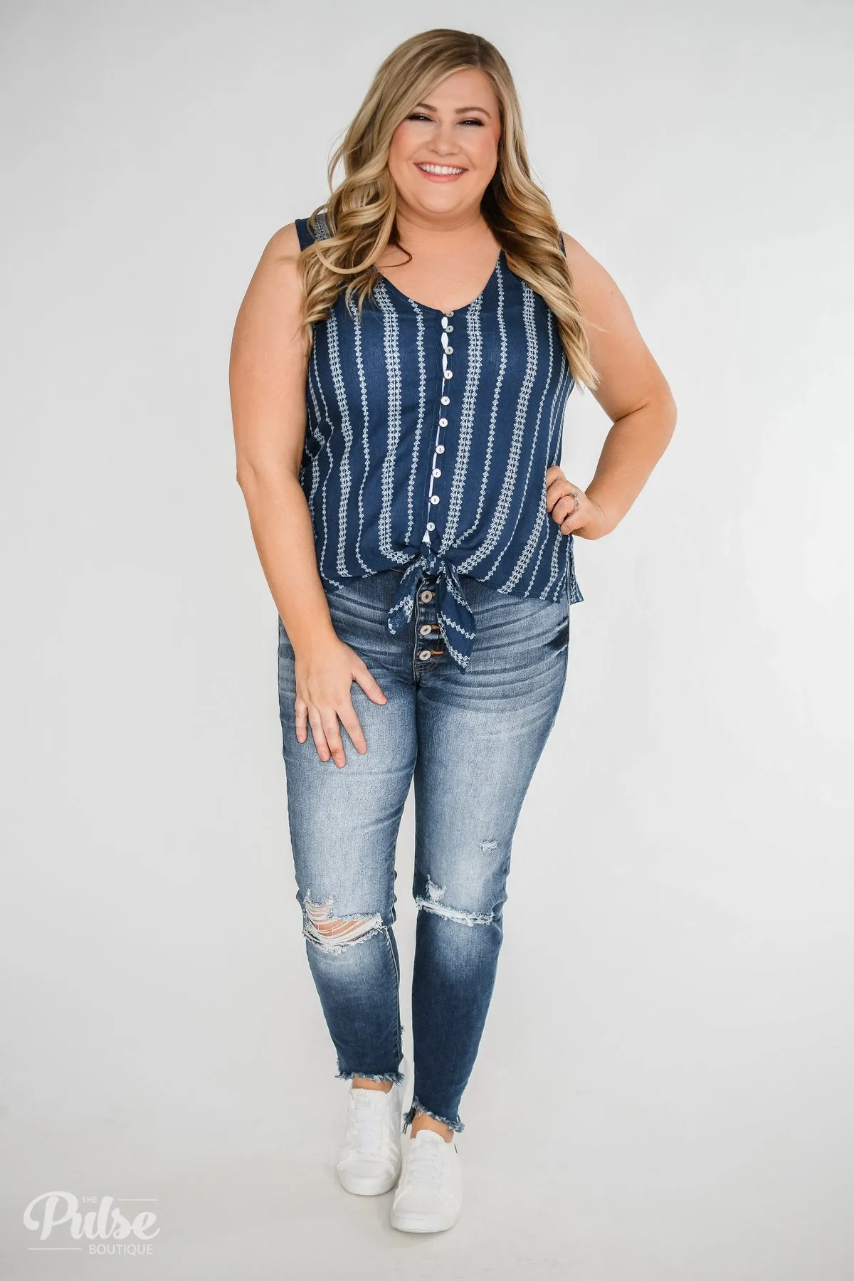 Focus On Me Tie & Button Tank Top- Navy