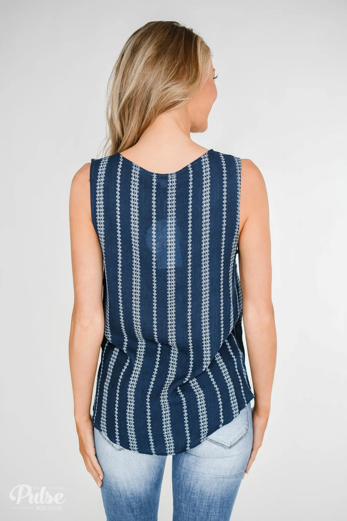Focus On Me Tie & Button Tank Top- Navy