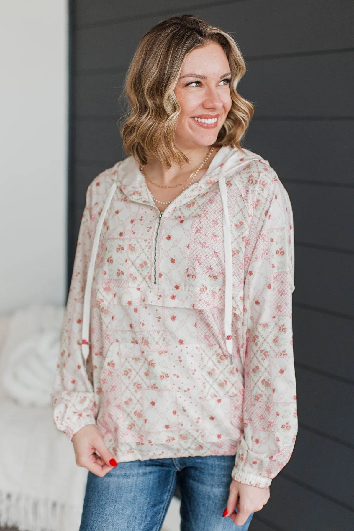 Fond Feelings Floral Windbreaker Jacket- Ivory & Pink