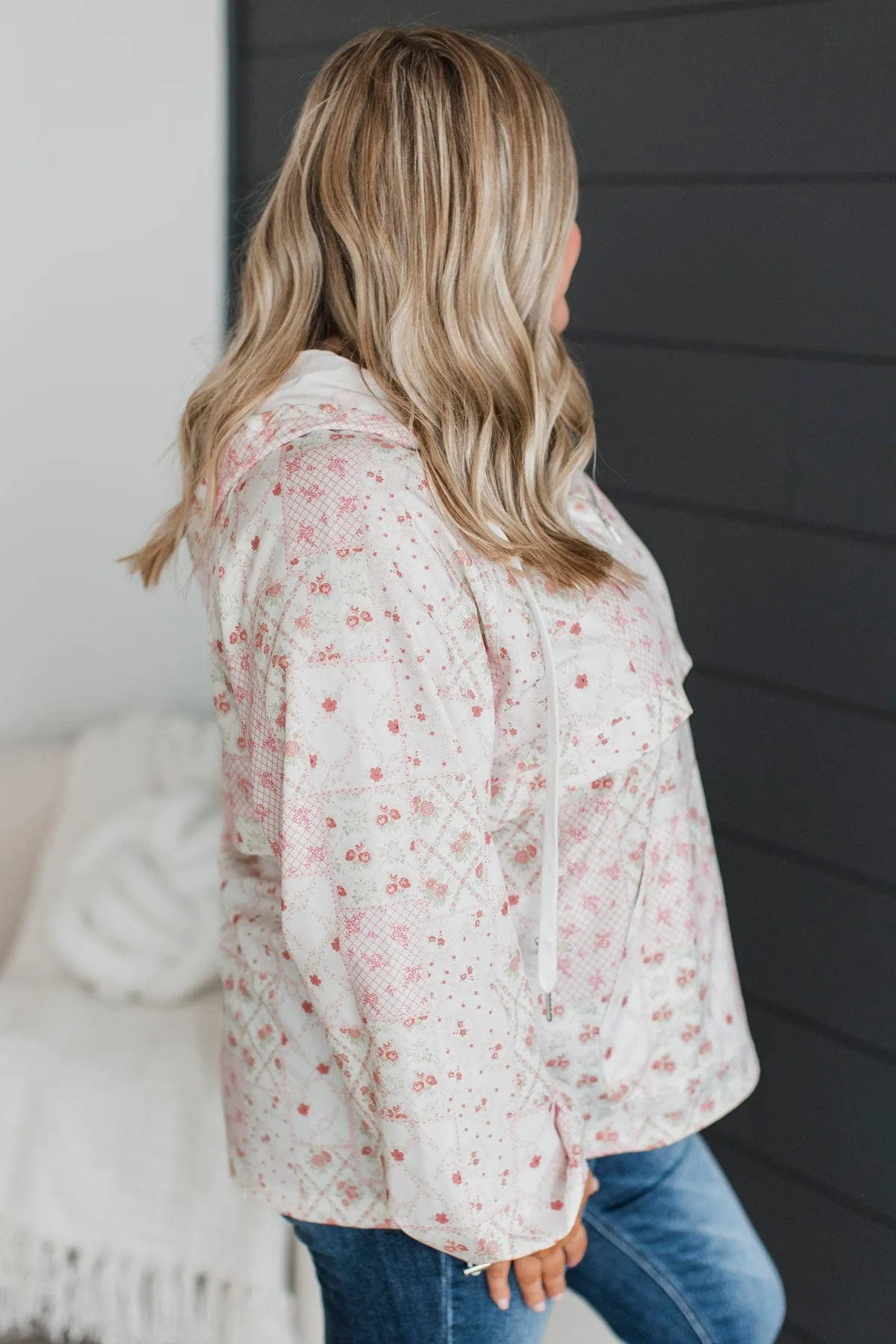 Fond Feelings Floral Windbreaker Jacket- Ivory & Pink
