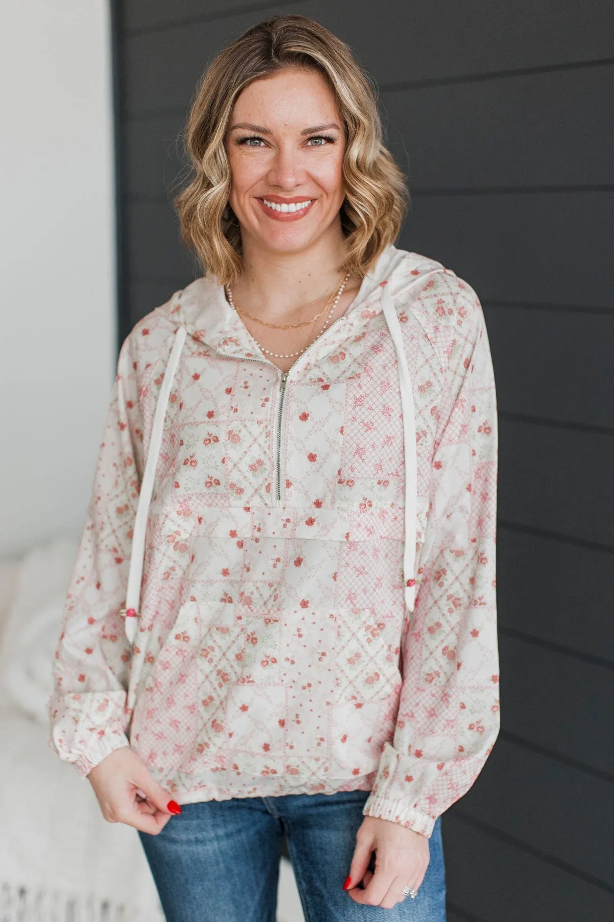 Fond Feelings Floral Windbreaker Jacket- Ivory & Pink