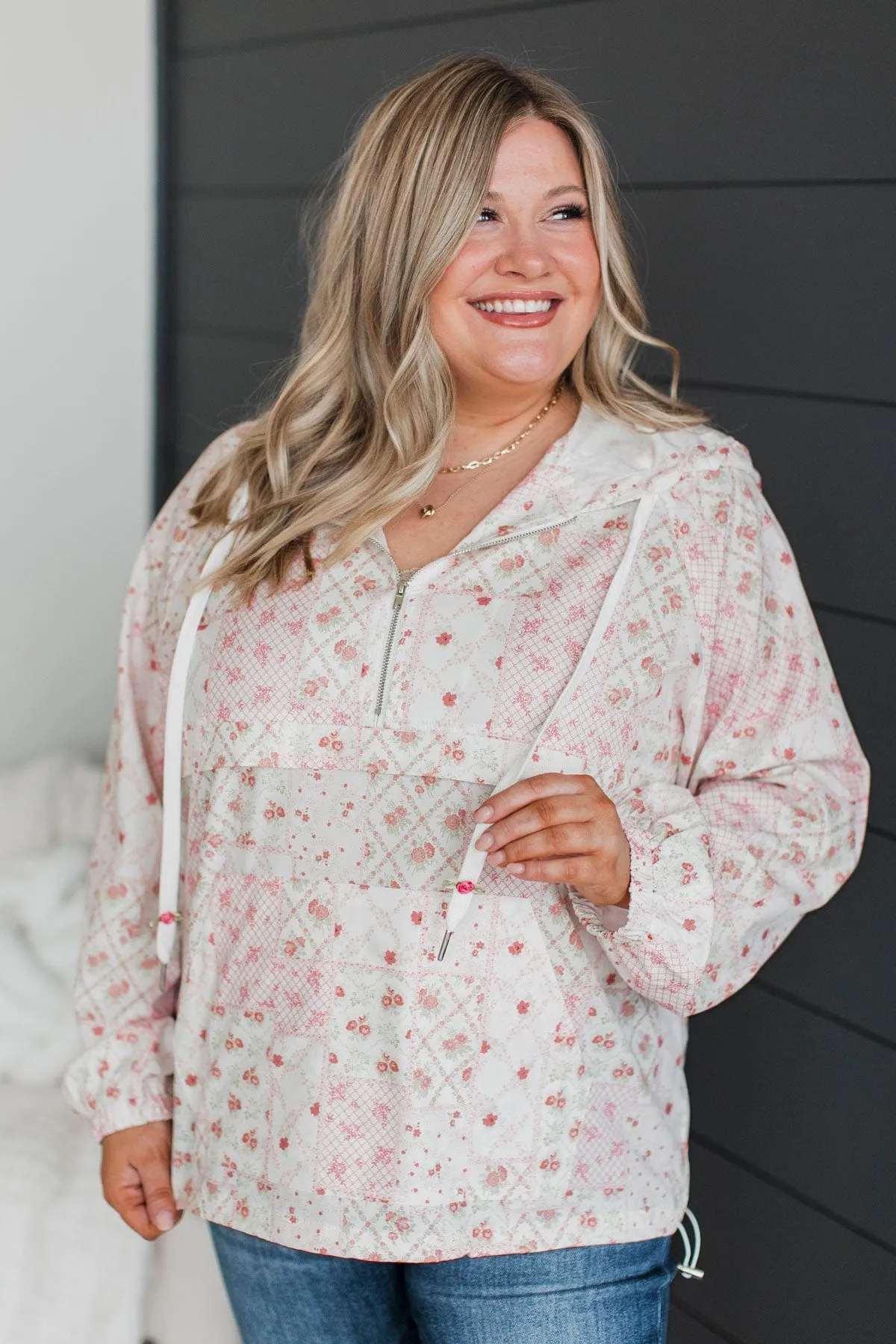 Fond Feelings Floral Windbreaker Jacket- Ivory & Pink