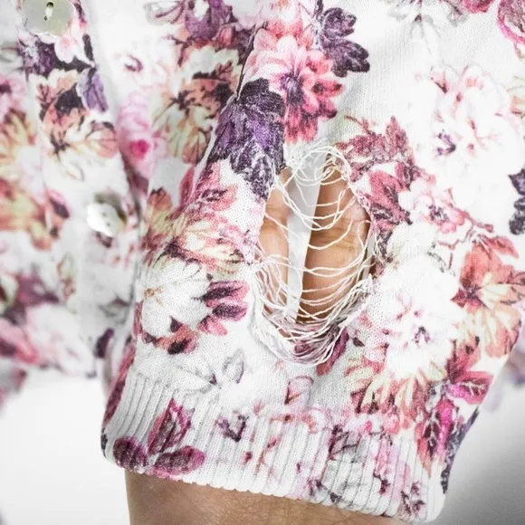 For Love and Lemons Floral Crop Distressed Knit Cardigan Sweater Small Madison