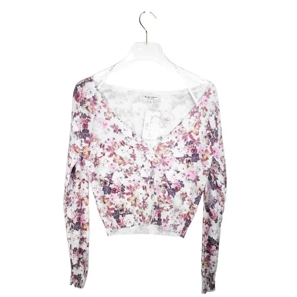 For Love and Lemons Floral Crop Distressed Knit Cardigan Sweater Small Madison