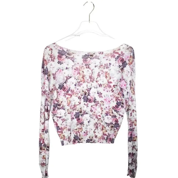For Love and Lemons Floral Crop Distressed Knit Cardigan Sweater Small Madison